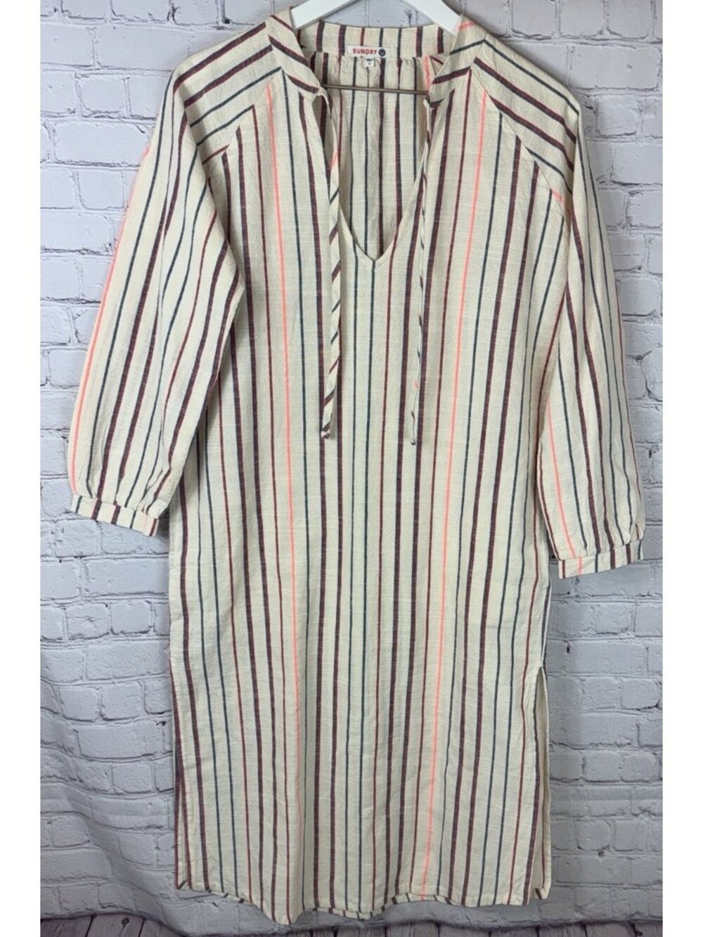 SUNDRY Women’s Cream Striped Cotton Dress Size 1 Tie-Neck Long Sleeve Tunic